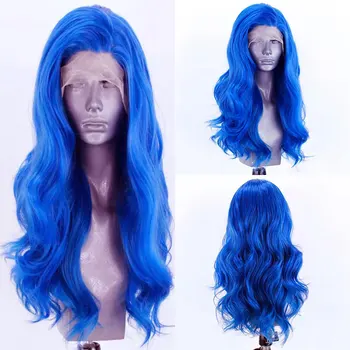 Короткий синтетический парик на шнурке спереди бесклеевого синего цвета, свободные волнистые волосы из термостойких волокон, естественная линия роста волос для афроамериканцев 5