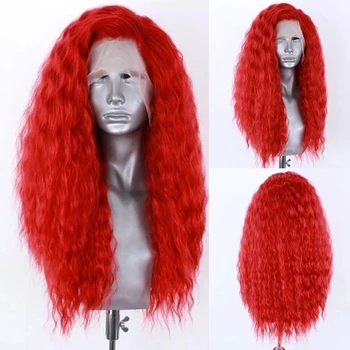 Красный цвет, распущенные вьющиеся синтетические волосы, длинный парик на кружеве спереди для женщин, свободная часть, предварительно выщипанный, естественный вид для ежедневного использования в костюмах. 1