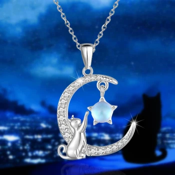 Креативное ожерелье с подвеской в виде кошки в виде полумесяца и лунного камня для женщин, модные женские украшения для вечеринок, изысканные подарки на день рождения, любовные украшения 1