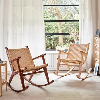 Кресло-качалка из массива дерева, простое кресло-качалка из ротанга, мебель для отдыха на балконе из ротанга, веревочная мебель для бездельников, чисто ручная работа 15