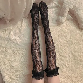 Кружевные чулки с цветочными оборками, Женские чулки до колена в стиле Лолиты, Harajuku, Черные, белые Сетчатые длинные носки 13