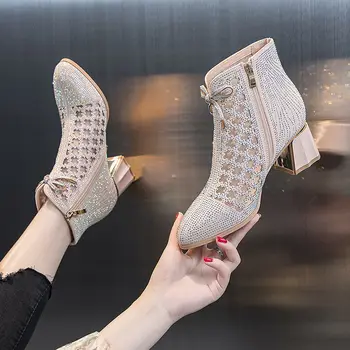 Крутые ботинки с открытой сеткой, женские модные универсальные короткие ботинки на толстом каблуке 2022 года, сетчатые тонкие ботинки на высоком каблуке 3
