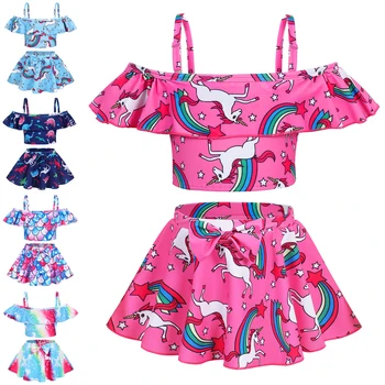 Купальник из двух частей с единорогом Jurebecia для девочек, купальные костюмы с радужным Единорогом и рюшами, детские купальники, пляжные Танкини