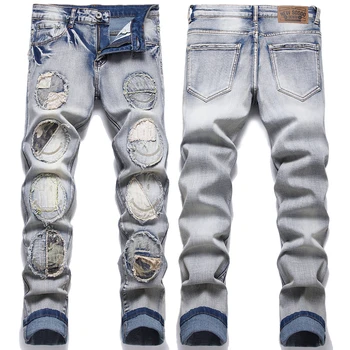 Легкие роскошные мужские облегающие синие джинсовые брюки в стиле ретро, повседневные джинсы в стиле пэчворк, уличная мода, сексуальные джинсовые брюки в стиле панк; 5