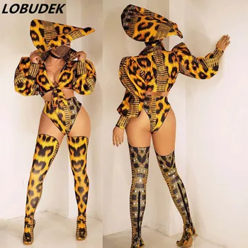 Леопард топы шорты Hat ноги крышка женщины, джазовый танец костюм ночной клуб, бар диджей певец танцор производительность сексуальные стадии износа