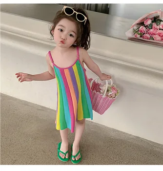 Летнее платье на бретельках для девочек, новинка 2023 года, детская одежда, детское летнее платье с радугой, детское летнее платье 2