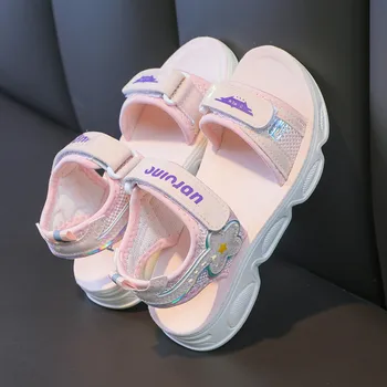 Летние модные сандалии принцессы для девочек 2023, пляжная обувь для студенток, повседневная спортивная детская обувь на мягкой подошве 16
