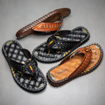 Летние мужские тапочки в елочку из воловьей кожи, кожаные сандалии для мужчин, модная уличная противоскользящая пляжная обувь на клипсах 4