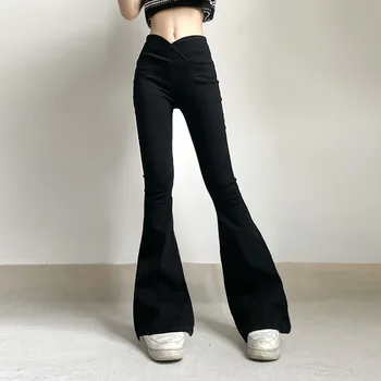 Летние однотонные джинсы-клеш с высокой талией, модные сексуальные женские джинсы-скинни, уличная одежда, расклешенные брюки, Черные размеры S, M, L 13
