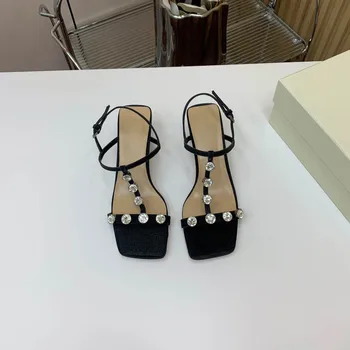 Летние сандалии Gretel, женская обувь с квадратным носком, ремешок с пряжкой, женские босоножки из натуральной кожи и кристаллов, модные женские босоножки Sapato Feminino на высоком каблуке 3