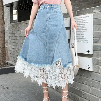 Летняя женская юбка Миди 2023, универсальная плиссированная кружевная юбка в стиле пэчворк, Высокая талия, тонкая джинсовая юбка трапециевидной формы, уличная одежда 17