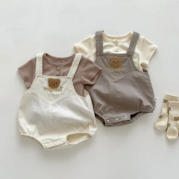 Летняя Новая детская одежда, Топ с короткими рукавами для малышей, комбинезоны, Милый медведь, наряды для девочек и мальчиков 9