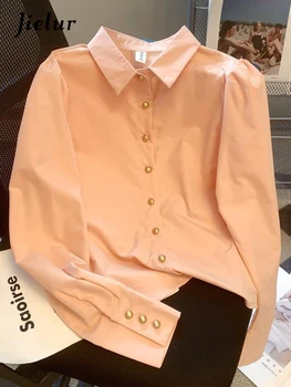 Летняя новая женская рубашка French Sweet от Jielur, однотонная рубашка Поло с пышными рукавами, женский Розовый Свободный Базовый Простой женский топ 3