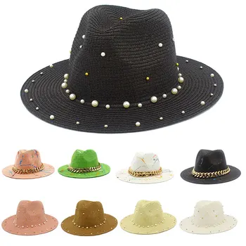 Летняя новая соломенная шляпа из цельного жемчуга с большим карнизом, солнцезащитная шляпа для женщин, солнцезащитная шляпа, туристическая пляжная шляпа Женская шляп 7