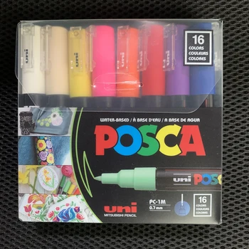 Маркер для рисования Uni Posca, Упаковка из 16 цветов PC-1M, 0,7 мм Сверхтонкий Пулевидный Наконечник, Художественная ручка на водной основе для рисования любых поверхностей в подарок 14