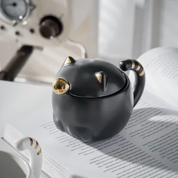 Матовая черная ложка для кошачьей чашки с крышкой, простая керамическая кружка в скандинавском стиле, прекрасная креативная чашка для воды, кофейная чашка 19