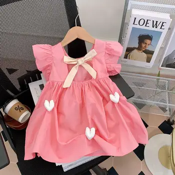 Милое платье для девочек 2023, Летние Новые платья принцессы с летящим рукавом и бантом, Корейская модная Детская одежда для маленьких девочек 5