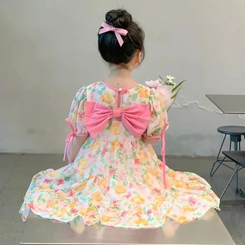 Милое платье принцессы с цветочным рисунком для девочек 4-14 лет, летнее детское повседневное платье с коротким рукавом и бантом, детские корейские платья для девочек 6 8 лет 4