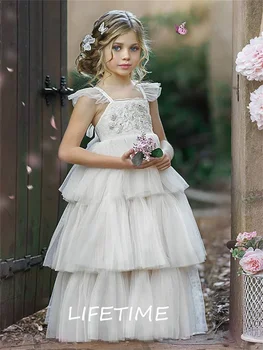 Милое платье с цветочным узором для девочек, пышное платье на бретельках, кружевное платье принцессы для девочек, детские платья с оборками для первого причастия 14