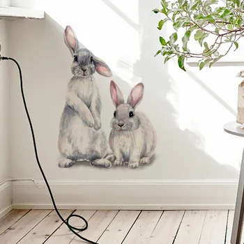 Милые наклейки на стену с двумя кроликами, Съемные наклейки на стены, настенные рисунки, наклейки с кроликами, украшение для детской комнаты, детской комнаты, спальни, дома 3