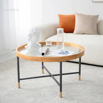 Минималистичные деревянные журнальные столики для чайной гостиной в скандинавском стиле, круглый журнальный столик, маленький Низкий столик из тисненого стекла, мягкая мебель 1