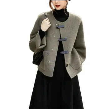 Модное дизайнерское женское шерстяное пальто, верхняя одежда, Новинка 2023 года, весна-осень, свободная Тонкая Корейская повседневная куртка с круглым вырезом, топы женские 7