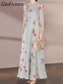 Модное дизайнерское Летнее винтажное платье Gedivoen для женщин для отдыха Светло-серое длинное платье с цветочным принтом и рукавом-фонариком 10