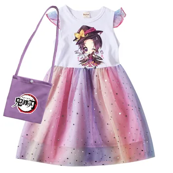 Модное милое Рождественское детское летнее платье Demon Slayer для маленьких девочек, кружевное платье принцессы для малышей, платья для вечеринки по случаю Дня рождения + сумка 14