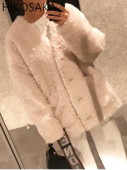 Модное пушистое плюшевое пальто с V-образным вырезом, однобортная свободная куртка из овечьей шерсти, Женская осенне-зимняя теплая Японская элегантная верхняя одежда, женская одежда 9