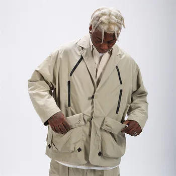 Модный мужской Брендовый Уличный костюм с несколькими карманами на молнии, Блейзеры, куртка, мужская уличная одежда Cityboy, Свободная рабочая одежда, пальто-карго 2
