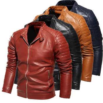Мотоциклетная куртка Мужская осень зима со стоячим воротником Мужские байкерские куртки из искусственной кожи на молнии Мужская верхняя одежда Пальто Одежда 4