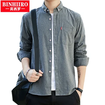 Мужская Классическая рубашка BINHIRO с длинным рукавом, базовая рубашка в полоску, деловая Тонкая офисная светская рубашка, Модный Свободный уличный топ 4