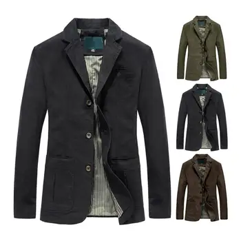 Мужская осенне-весенняя куртка, однотонный пиджак с длинным рукавом и лацканами, Свободный однобортный пиджак с множеством карманов, пуговицы, осенне-весеннее пальто 1