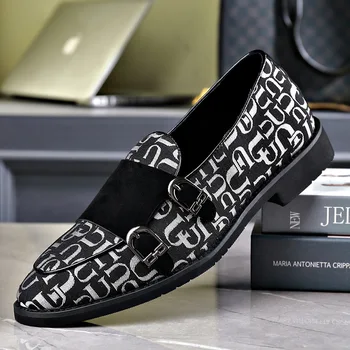 Мужская повседневная обувь большого размера, весенние деловые модельные туфли для отдыха с буквенным принтом, уличные стильные туфли-монахи без застежки в стиле ретро 10