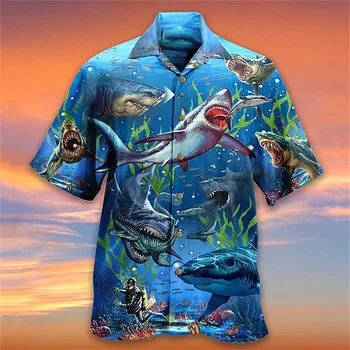 Мужская рубашка с принтом акулы, летние рубашки с животными и растительными узорами, мужская пляжная рубашка с коротким рукавом на Гавайях, мужская повседневная рубашка для отпуска