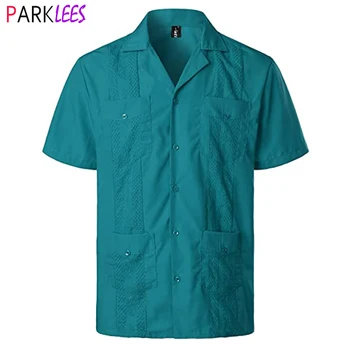 Мужская синяя рубашка Guayabera с четырьмя карманами, кубинские рубашки с воротником-стойкой, мужские свадебные рубашки с вышивкой, Мексиканская пляжная рубашка с сигарой. 16