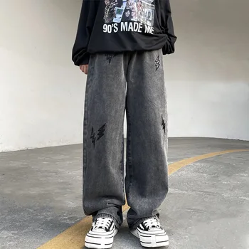Мужские джинсы с вышивкой в стиле хип-хоп ретро, серые брюки Y2K, уличная одежда, прямые мешковатые широкие брюки, большие размеры мужской одежды 7