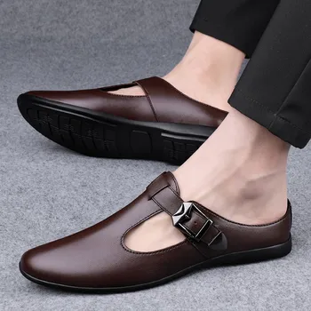 Мужские сандалии, дышащая обувь из натуральной кожи, мужские полуботинки, летние мокасины, мужская обувь 19