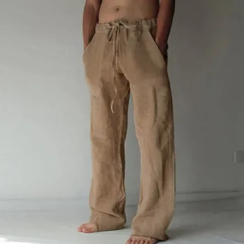 Мужские хлопчатобумажные льняные брюки, Летние однотонные дышащие льняные брюки, мужские повседневные брюки для фитнеса с эластичной резинкой на талии, уличная одежда в стиле хип-хоп 2