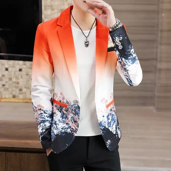 Мужские Цветочный Блейзер Мода Корейский Градиент Принты Модные Цветочный Костюм Куртка Повседневная Slim Fit Пиджак Пальто Мужская Одежда 5