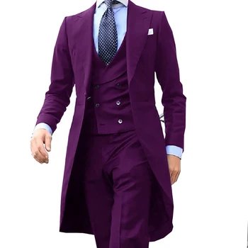 Мужской костюм, Блейзер, Фиолетовый, черный, Смокинг С отворотом, Свадебный комплект из 3 предметов (пальто + брюки + жилет), Приталенный Деловой Костюм Homme 2023