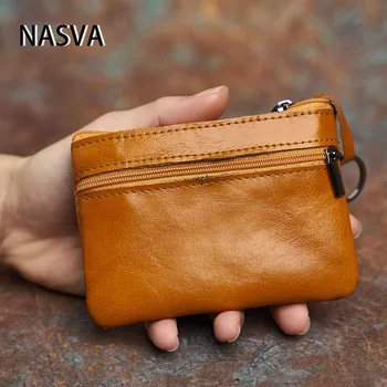 Мужской кошелек из натуральной кожи NASVA, винтажный мини-кошелек для монет, маленький карман на молнии, карман для карт, женский кошелек, сумка для ключей