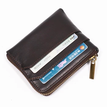 Мужской кошелек из натуральной кожи, оригинальный винтажный мужской кошелек из воловьей кожи на короткой молнии с держателем для карт, карманом для монет, прорезью для ключей, биркой для ключей 16