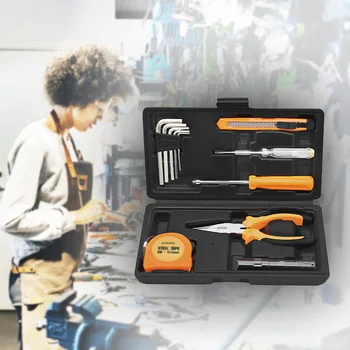 Набор инструментов из 13 предметов, общий набор бытовых ручных инструментов для ремонта автомобилей на дому для мужчин и женщин с пластиковым футляром для хранения инструментов оранжевого цвета 3