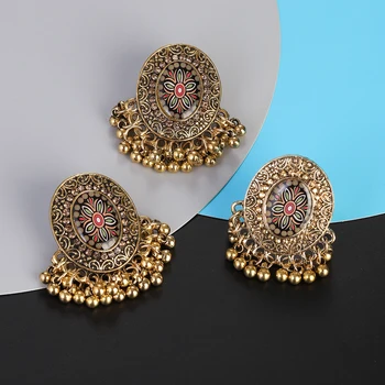 Набор ювелирных украшений с этническими цветочными индийскими серьгами/кольцами Bijoux Винтажного золотого цвета, наборы круглых сережек с кисточками, женские свадебные украшения, подарки 2