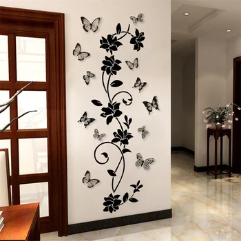 Наклейки на стену с черной бабочкой и цветком 3D на холодильник, Шкаф, Декор для кухни, Наклейка на обои, Декор для домашнего гардероба, Наклейка на стену из ПВХ 6