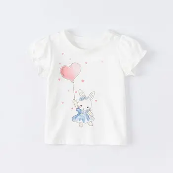 Новая летняя футболка для девочек 2023 года, верхняя одежда с рисунком кролика 14