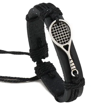 Новая простая теннисная ракетка, Шарм, Кожаный браслет ручной работы, Персонализированные черные мужские украшения на веревке 14