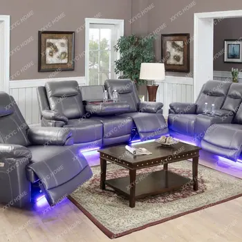 НОВОЕ кресло с откидной спинкой серого цвета, 3-х штучный диван, кресло для отдыха, кожаный комплект со светодиодной подсветкой и 4 подстаканниками Для мебели в гостиной 15