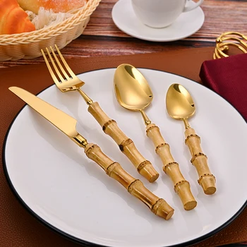 Новый набор столовых приборов с бамбуковой ручкой, набор посуды из нержавеющей стали, набор столовых приборов из натурального бамбука, нож, Вилка, Ложка, набор бамбуковой посуды 2